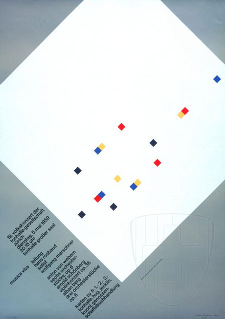 A concert poster with a white square tilted 45 degrees in the middle.