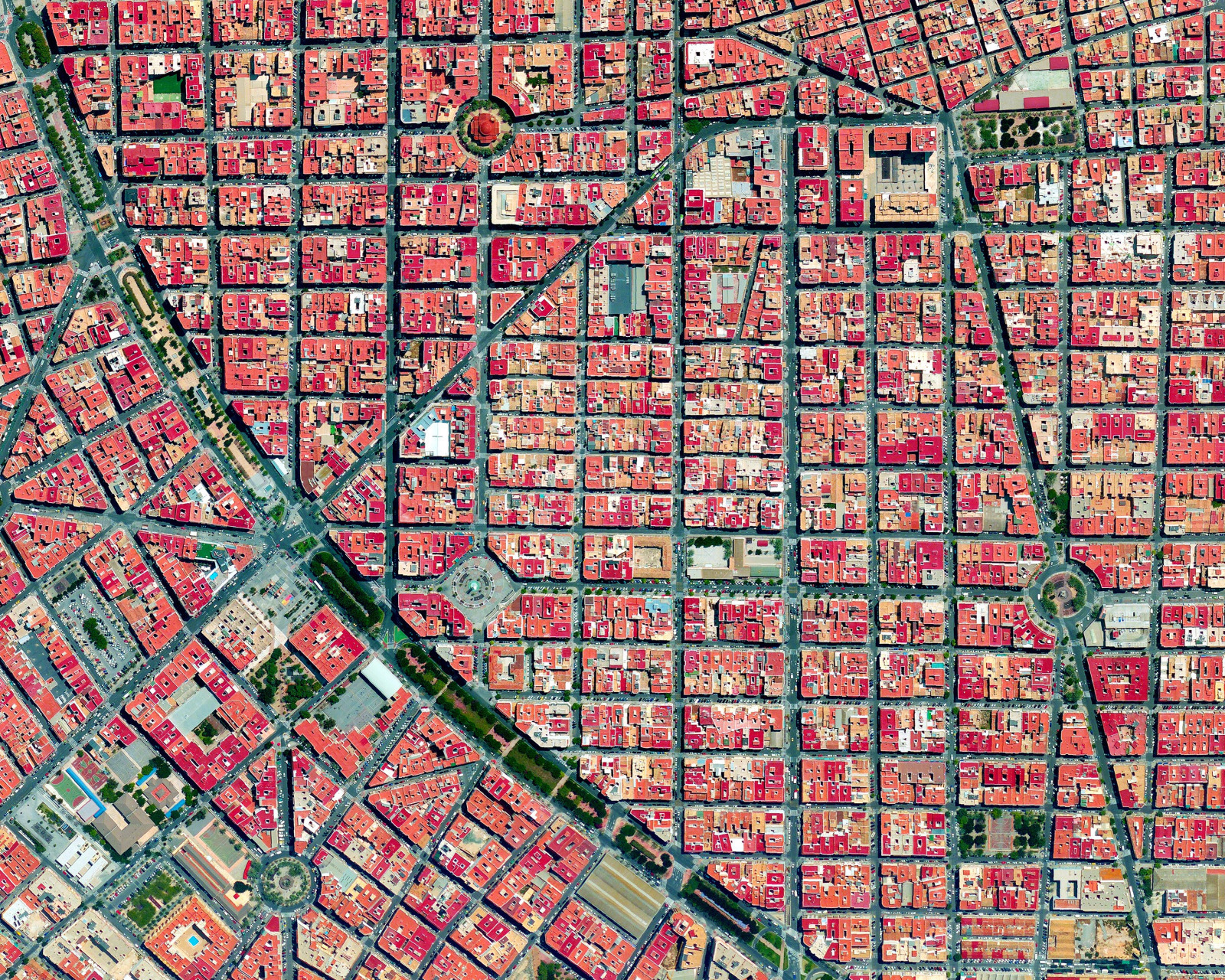 A birds eye view of a grid of city streets.