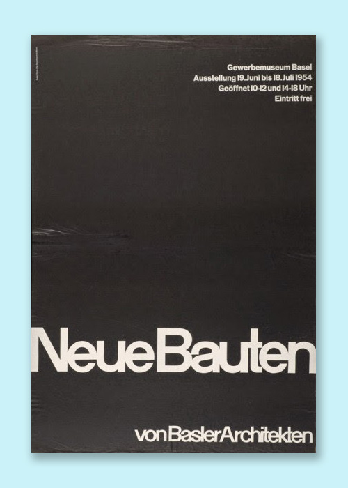 A black poster with text 'NeueBauten' spanning the page near the bottom, and text aligned to a grid on the right edge.